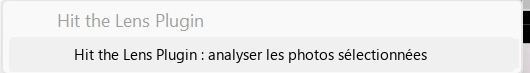 L’entrée Hit the Lens Plugin dans le menu de Lightroom Classic