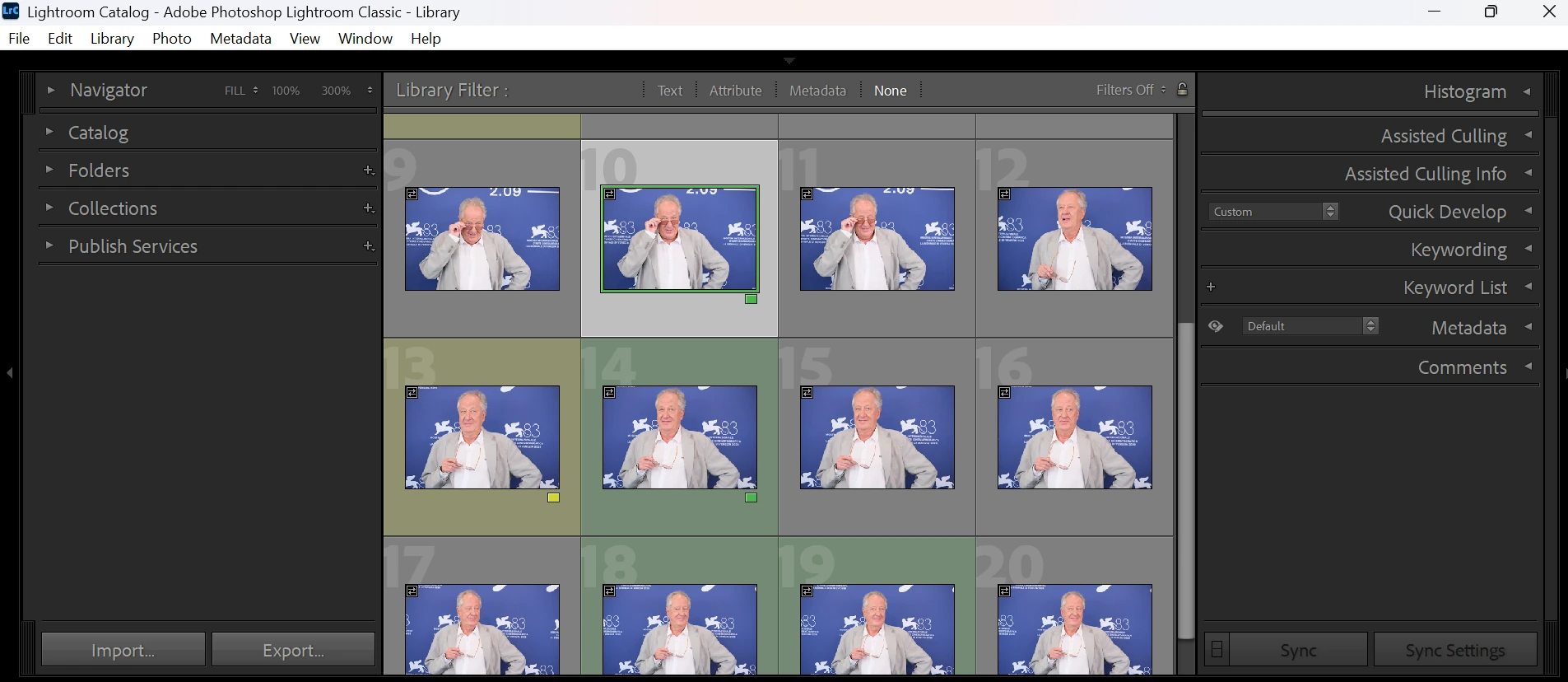 Griglia di Lightroom a fine analisi con etichette colore