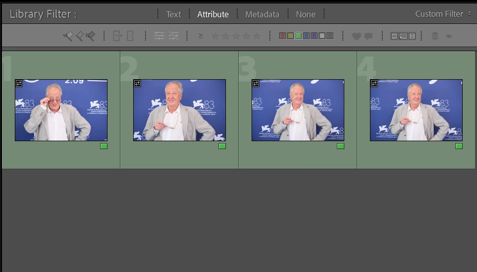 Libreria di Lightroom filtrata sulle sole foto verdi